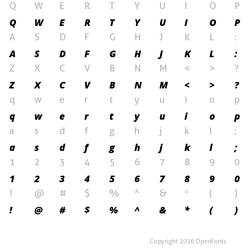 Character Map of Open Sans Extrabold Italic
