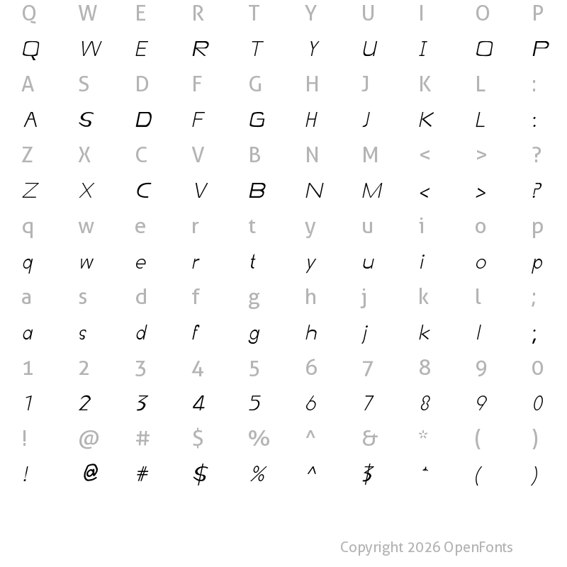 Character Map of Openned Lives Italic