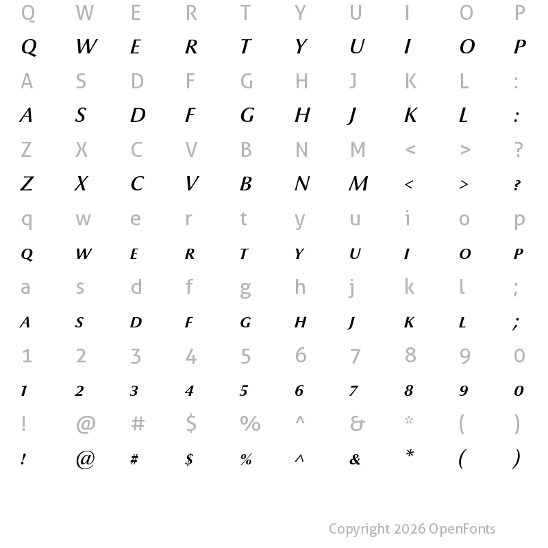Character Map of Optima nova LT Demi Small Caps Italic
