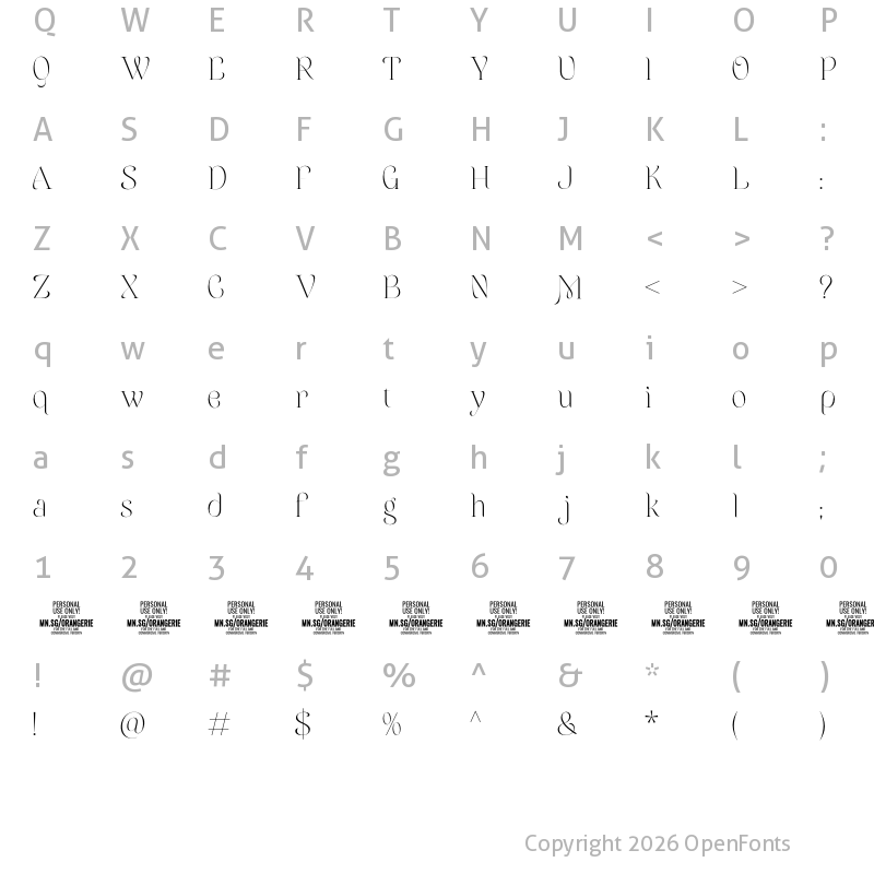 Character Map of Orangerie PERSONAL USE ONLY Regular