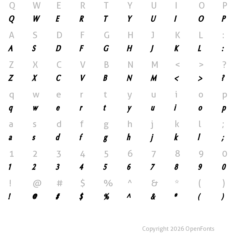 Character Map of Oregon LDO Condensed Black Oblique
