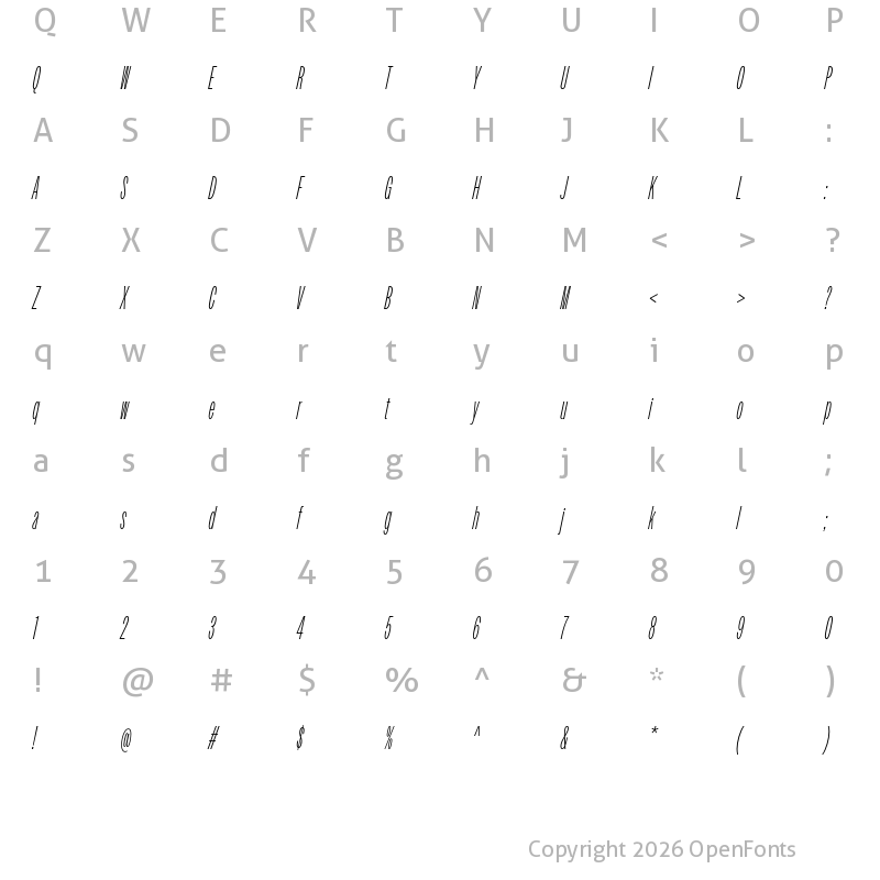 Character Map of Owners XXNarrow Light Italic