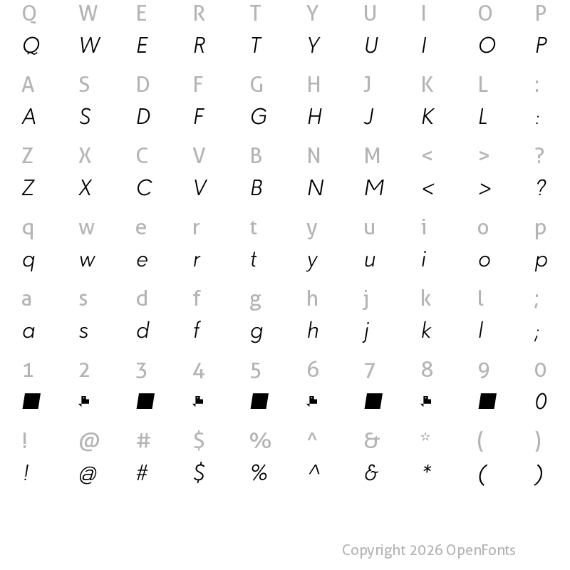 Character Map of Paloseco Light Italic