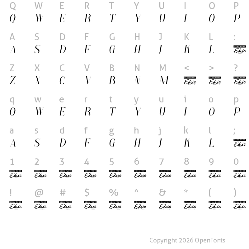 Character Map of Paradise Thin Demo Italic