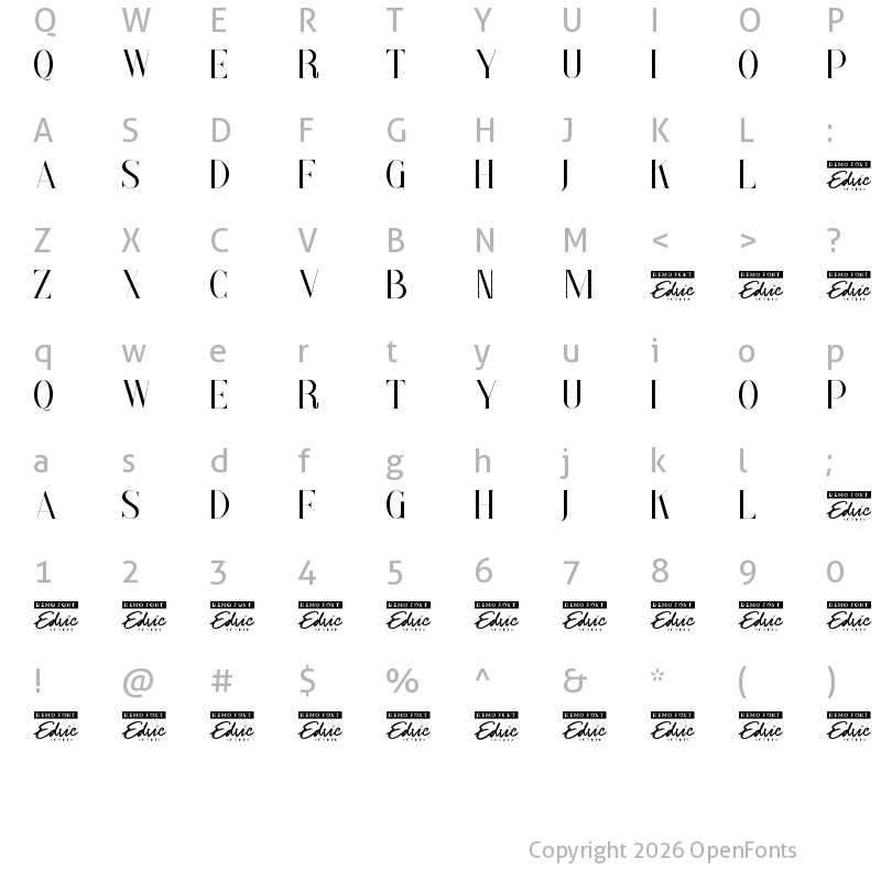 Character Map of Paradise Thin Demo Regular