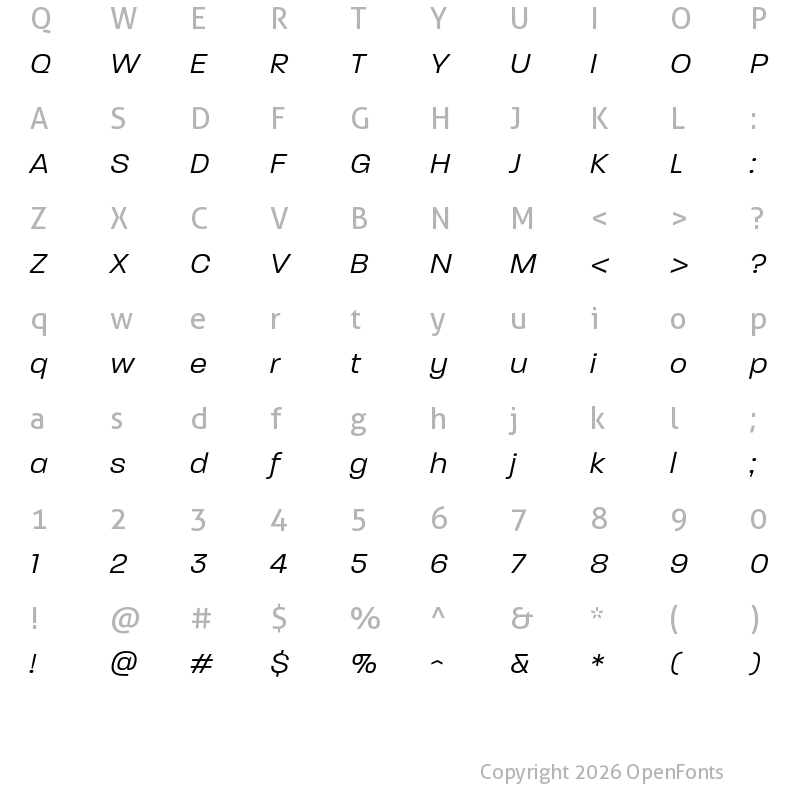 Character Map of Paralucent Light Italic