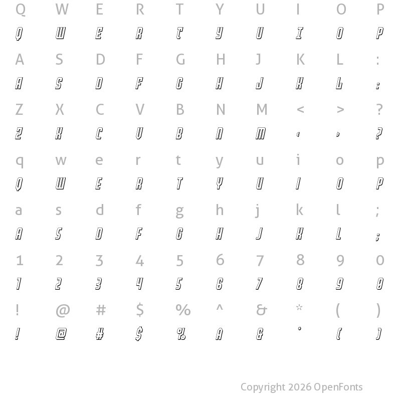 Character Map of Peace & Houston 3D Italic Regular