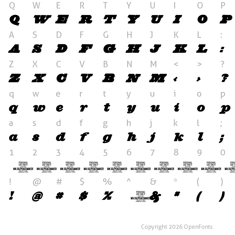 Character Map of Peacemaker Black PERSONAL USE Italic
