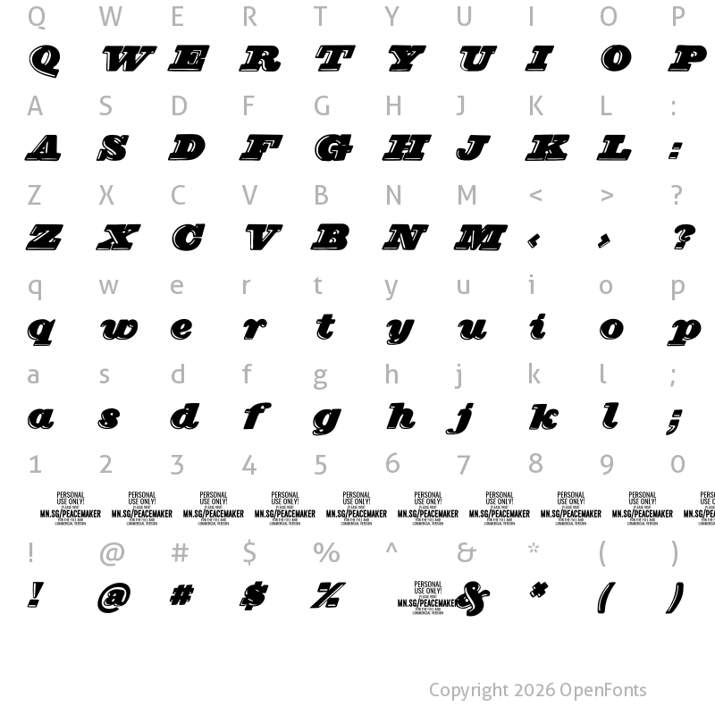 Character Map of Peacemaker PERSONAL Italic