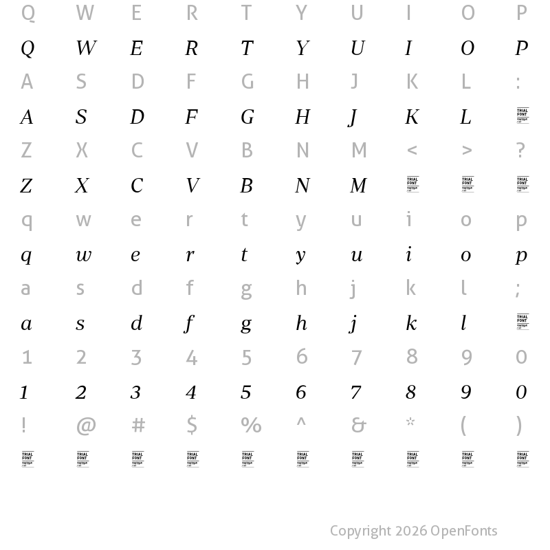 Character Map of Periodico Display TRIAL Light Italic