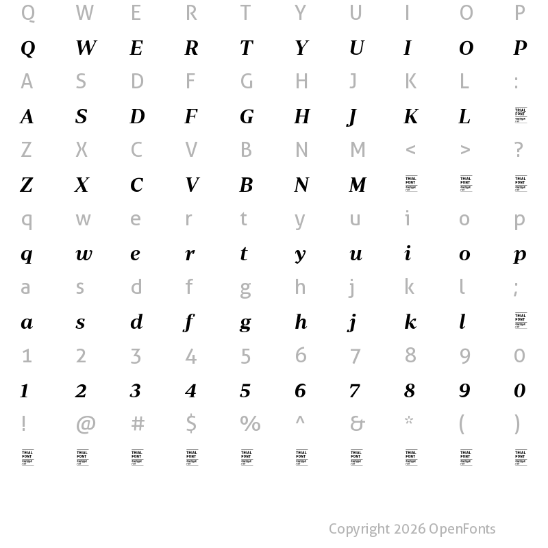 Character Map of Periodico Display TRIAL SemiBold Italic