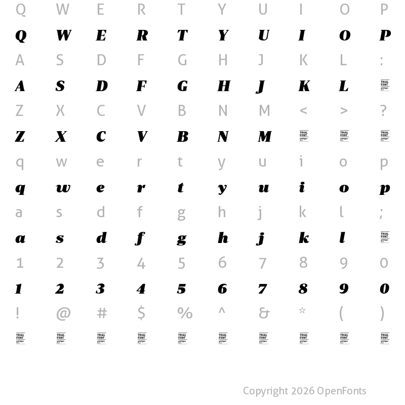 Character Map of Periodico Display TRIAL UltraBlack Italic