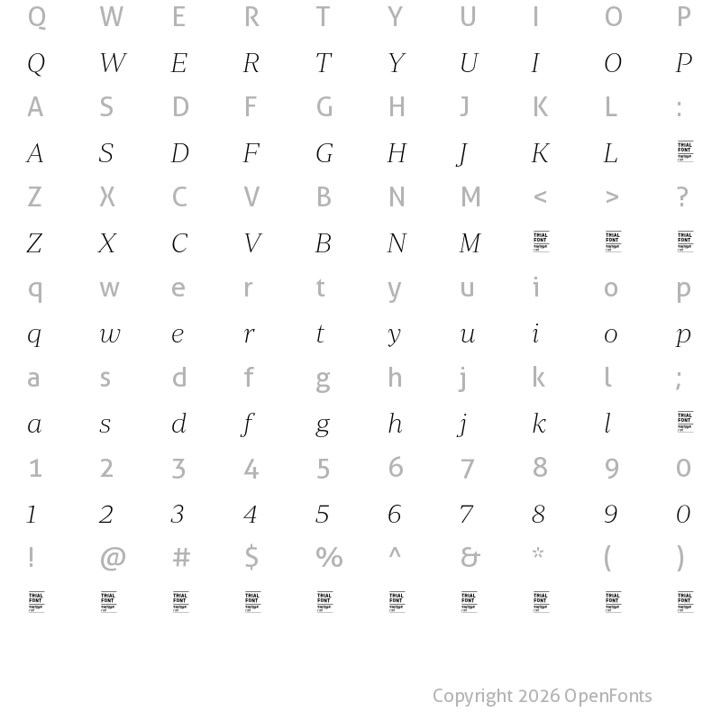 Character Map of Periodico Display TRIAL UltraLight Italic