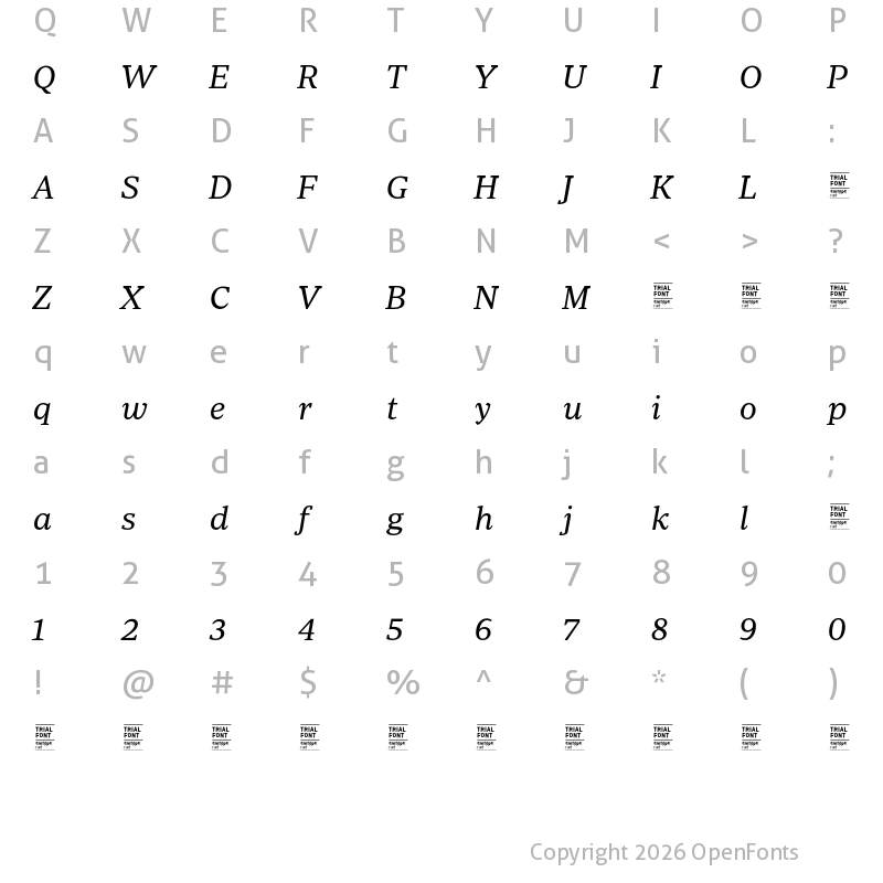 Character Map of Periodico Text TRIAL Light Italic