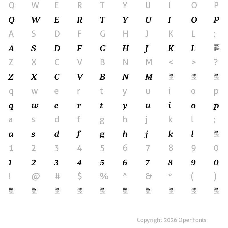 Character Map of Periodico Text TRIAL Medium Italic