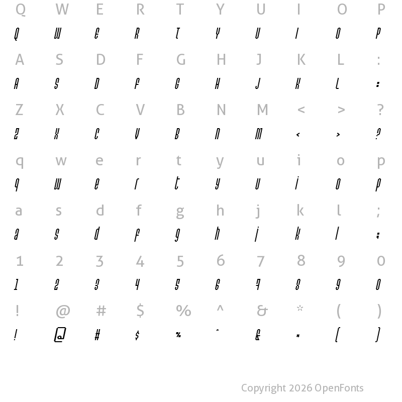 Character Map of Permanent daylight Italic Regular