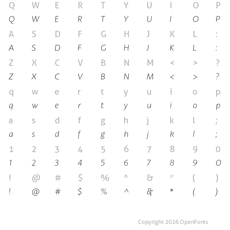 Character Map of Petala Pro Thin Italic