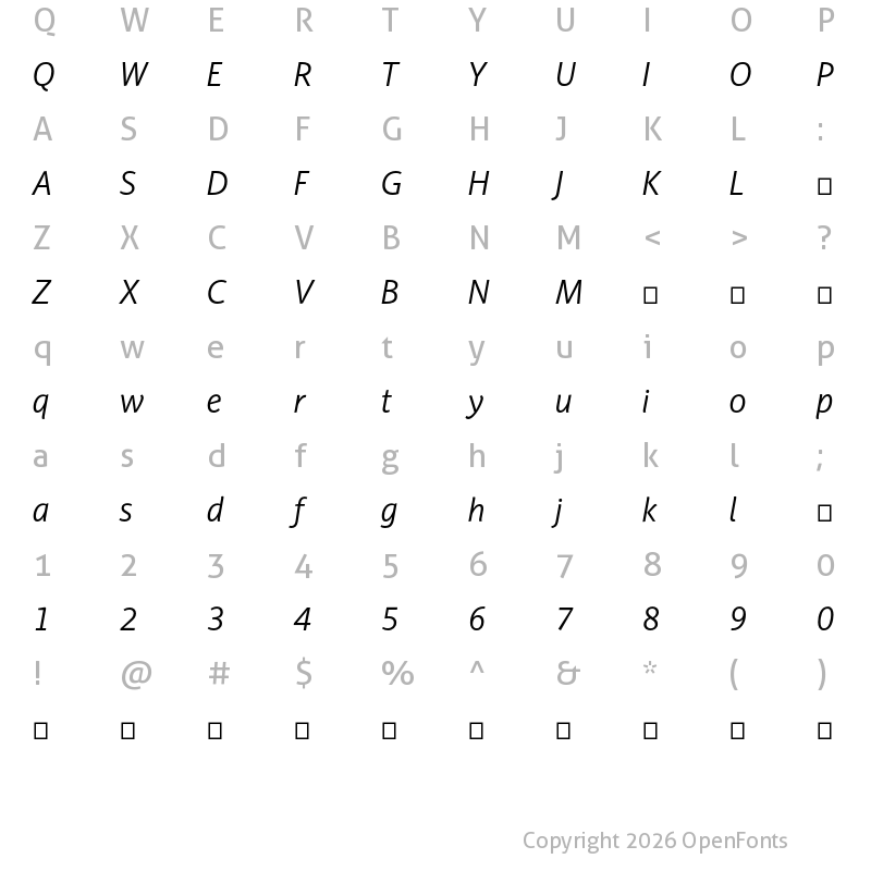 Character Map of PF Adamant Sans Pro Light Italic