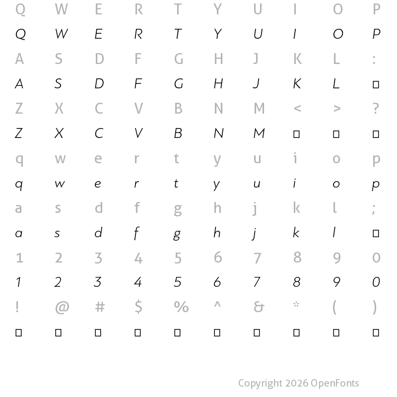 Character Map of PF Bague Sans Pro Light Italic