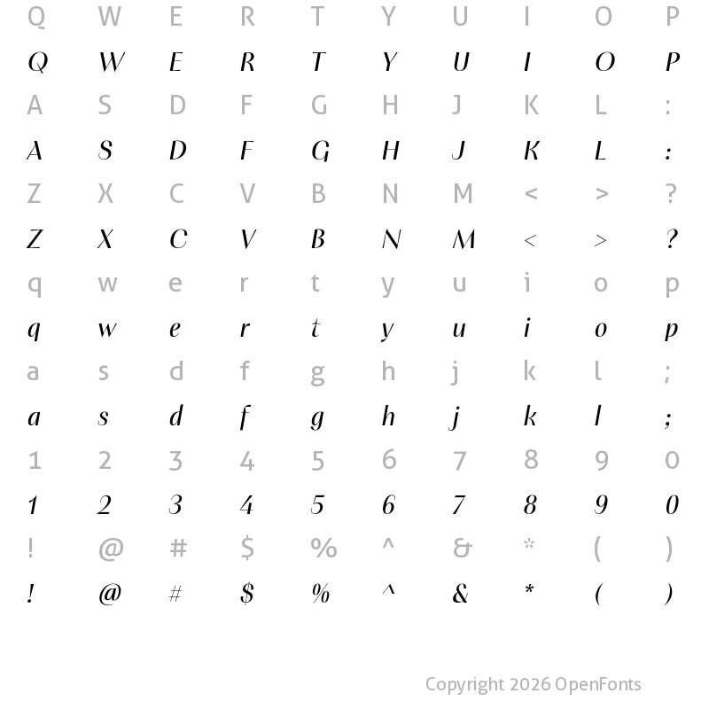 Character Map of PF Marlet Display Italic