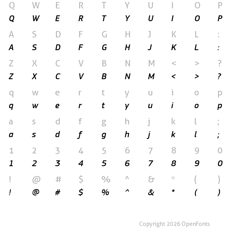 Character Map of PF Square Sans Pro Medium Italic