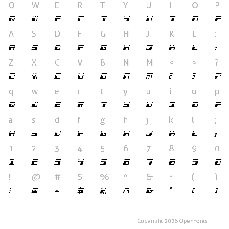 Character Map of Phaser Bank Laser Italic Italic