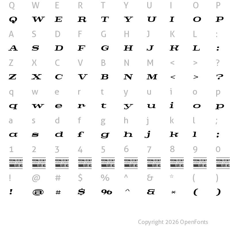 Character Map of Pigeon PERSONAL Bold Italic