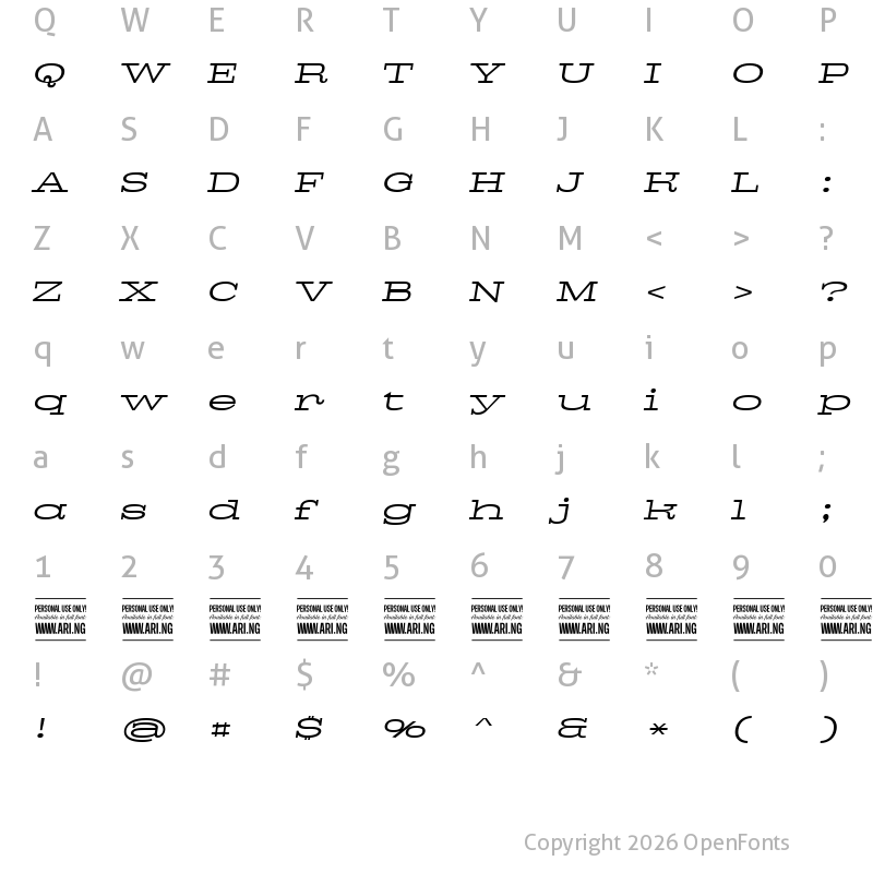 Character Map of Pigeon PERSONAL Light Italic