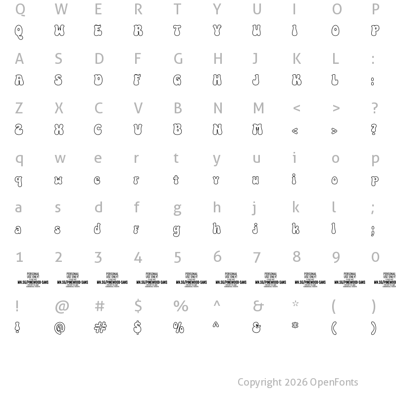 Character Map of Pinewood Outline PERSONAL USE Italic