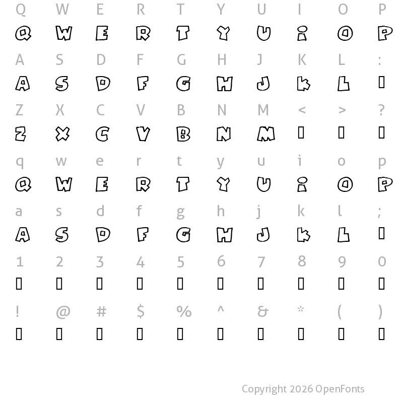 Character Map of PizzaDudeFatOutline Regular