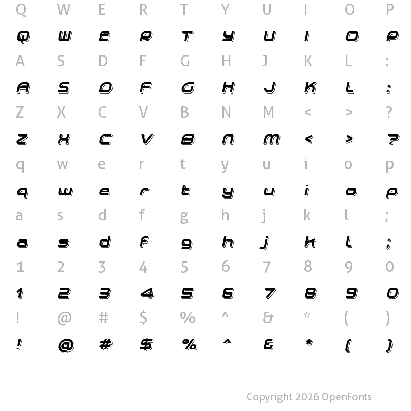 Character Map of Planetium-X  Shadowed Italic Demo Regular