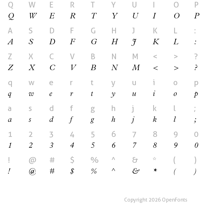Character Map of Plantin MT Pro Light Italic