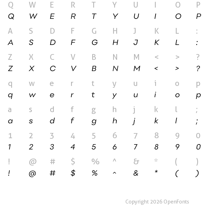 Character Map of Point Book Italic