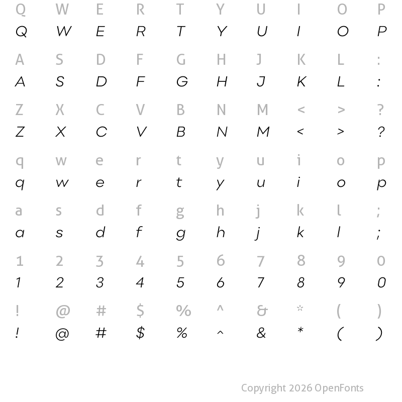 Character Map of Point Light Italic