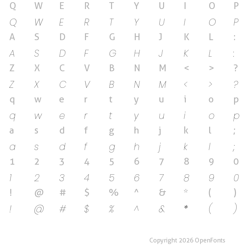 Character Map of Poppins Thin Italic
