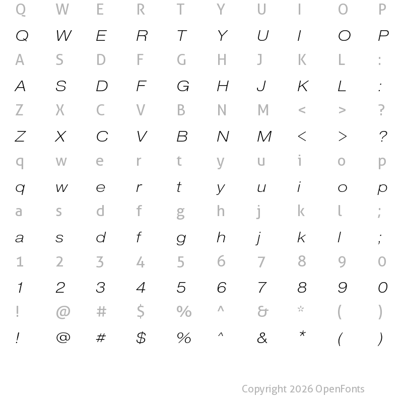 Character Map of Pragmatica Extended Extra Light Oblique