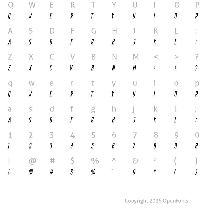 Character Map of Prestage Italic Italic
