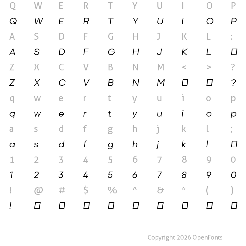 Character Map of Primeform Pro Demo Italic