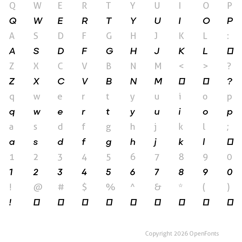 Character Map of Primeform Pro Demo SemiBold Italic