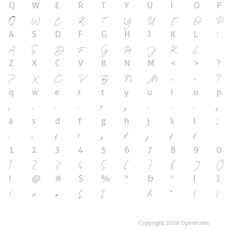 Character Map of Priscilla Signature Font Regular
