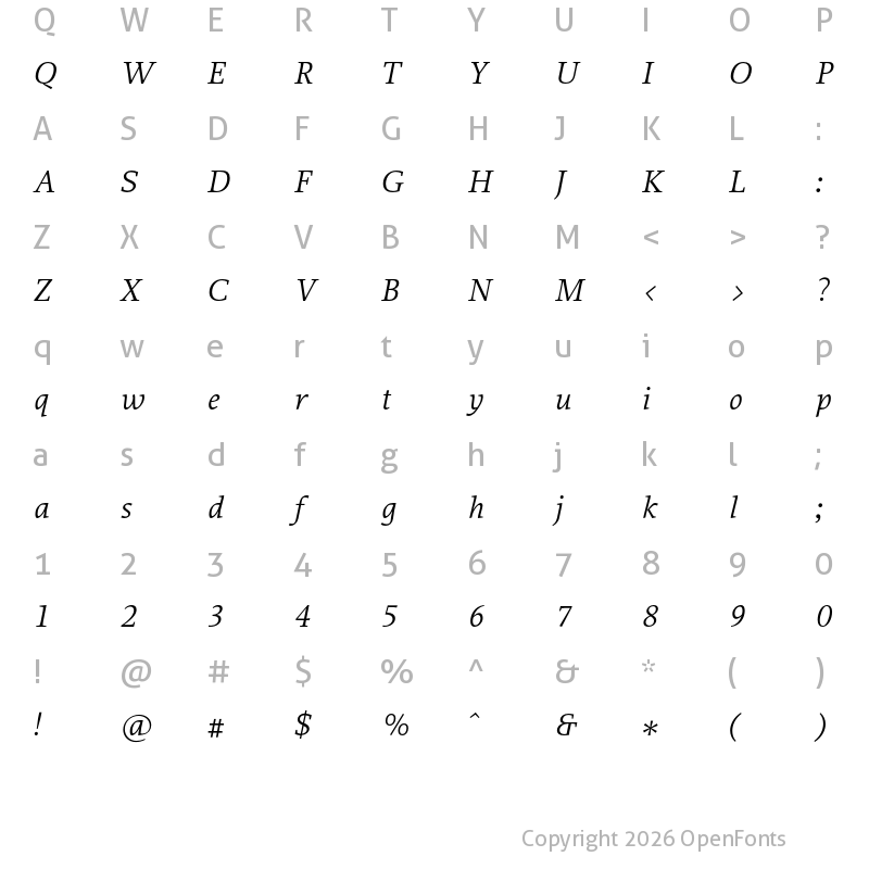Character Map of Proforma Book Italic
