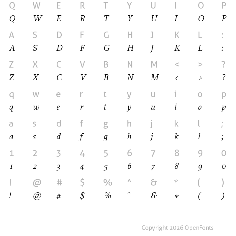 Character Map of Proforma Italic