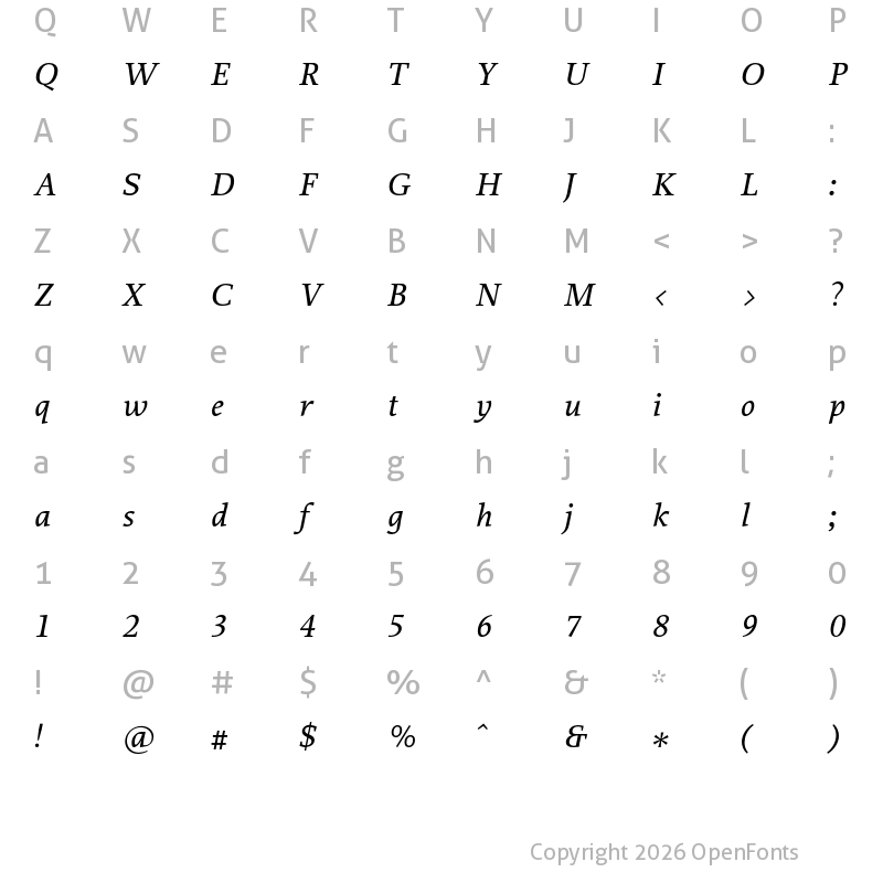 Character Map of Proforma Medium Italic