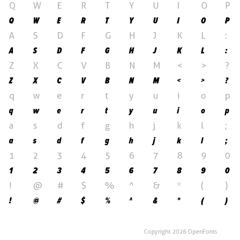 Character Map of Proxima Nova Extra Condensed Black Italic