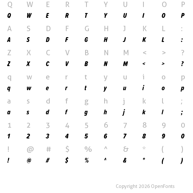 Character Map of Proxima Soft Extra Condensed Extrabold Italic