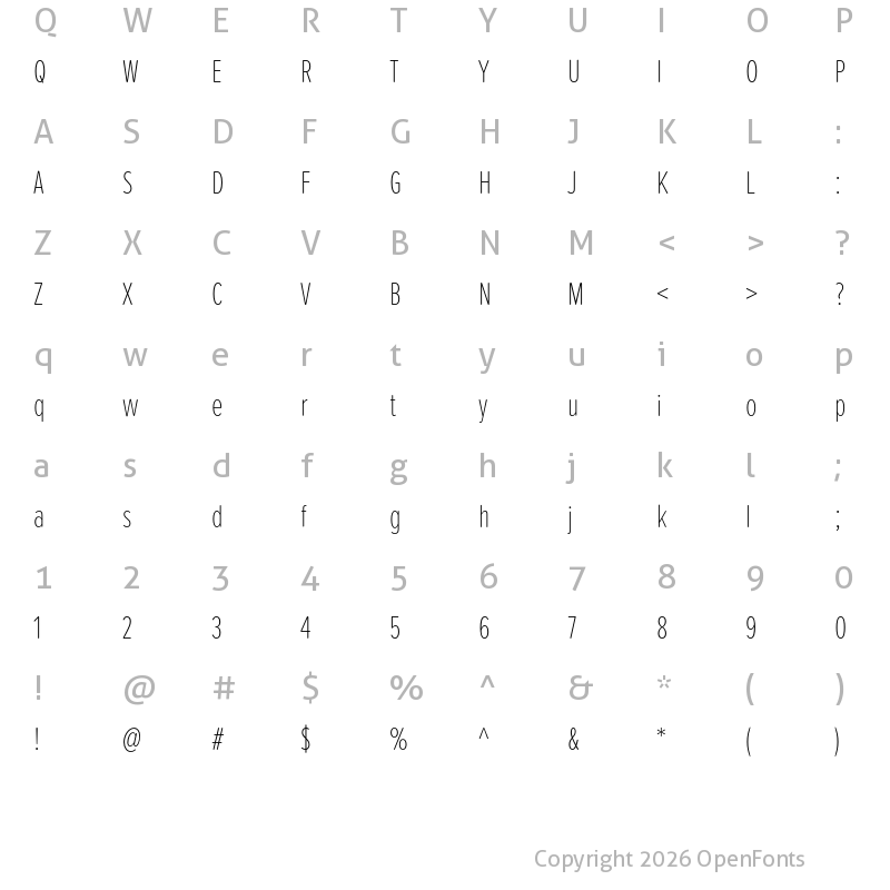 Character Map of Proxima Soft Extra Condensed Thin