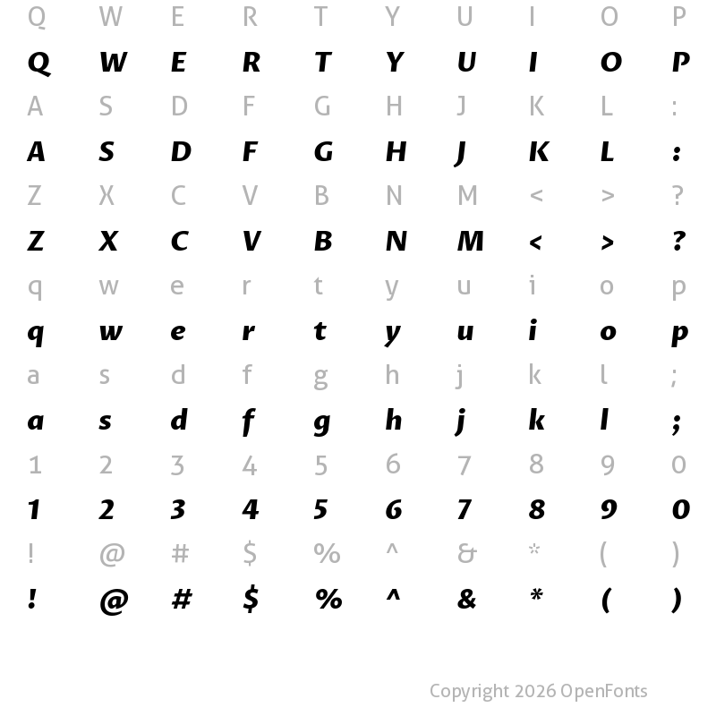 Character Map of Proza Libre ExtraBold Italic