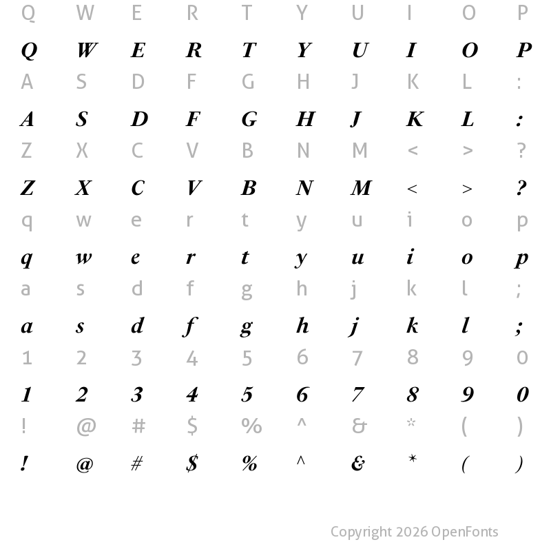 Character Map of PSFournier Std Bold Italic