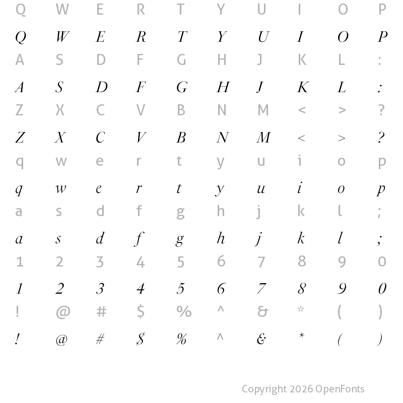 Character Map of PSFournier Std Grand Light Italic