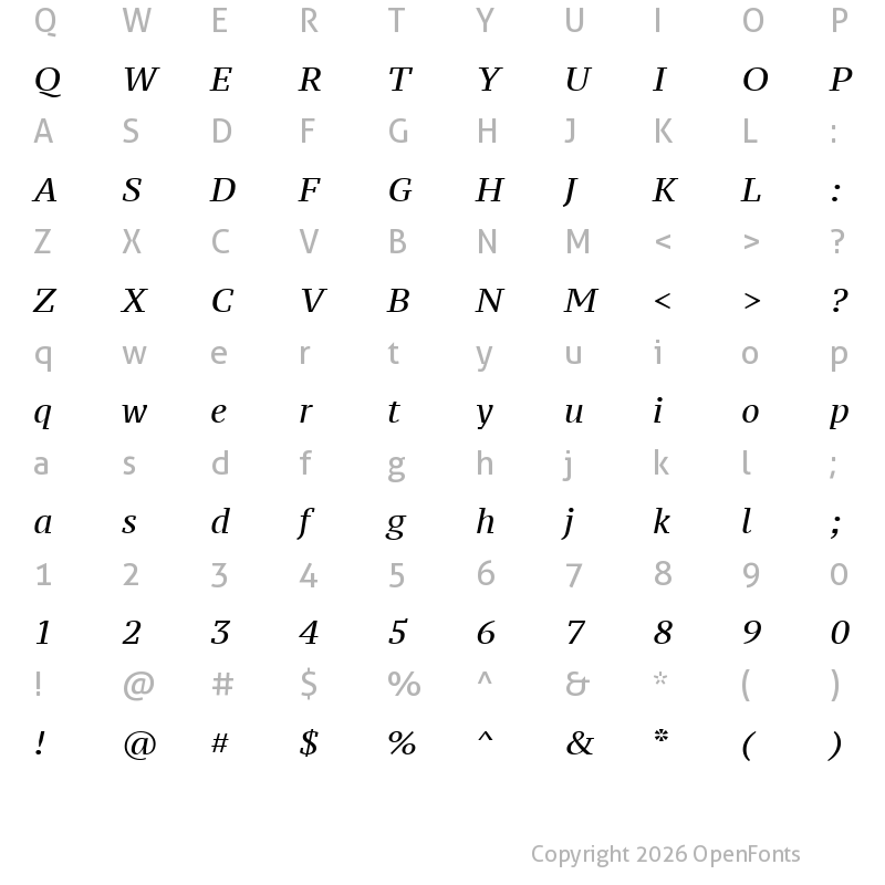 Character Map of PT Serif Caption Italic